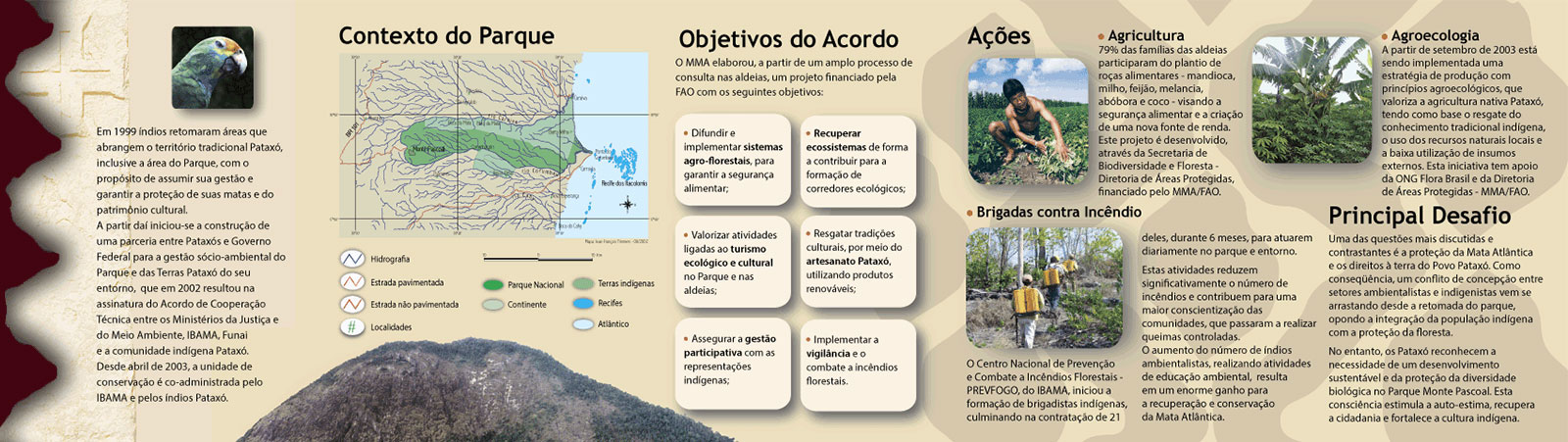 Miolo do folder 'Parque Nacional Monte Pascoal': Texto sobre o retorno da comunidade Pataxó ao parque, mapa contextual do parque, objetivos do acordo, ações e principais desafios. Projeto de design gráfico por Nêio Mustafa.