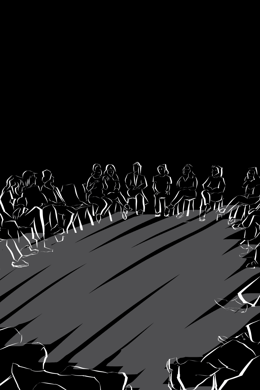 Roda de Conversas - Ilustração de uma roda com pessoas sentadas, representando diálogos e interações sociais, do livro 'Tempos de Isolamento - Reflexões e Qualidade de Vida' de José Xavier Cortez, ilustração por Nêio Mustafa.