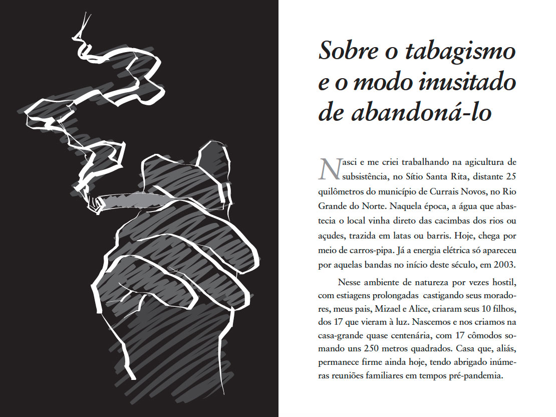 Ouverture du chapitre 'À propos du tabagisme et de la manière insolite de l'abandonner', illustration d'une main tenant une cigarette, par Nêio Mustafa.