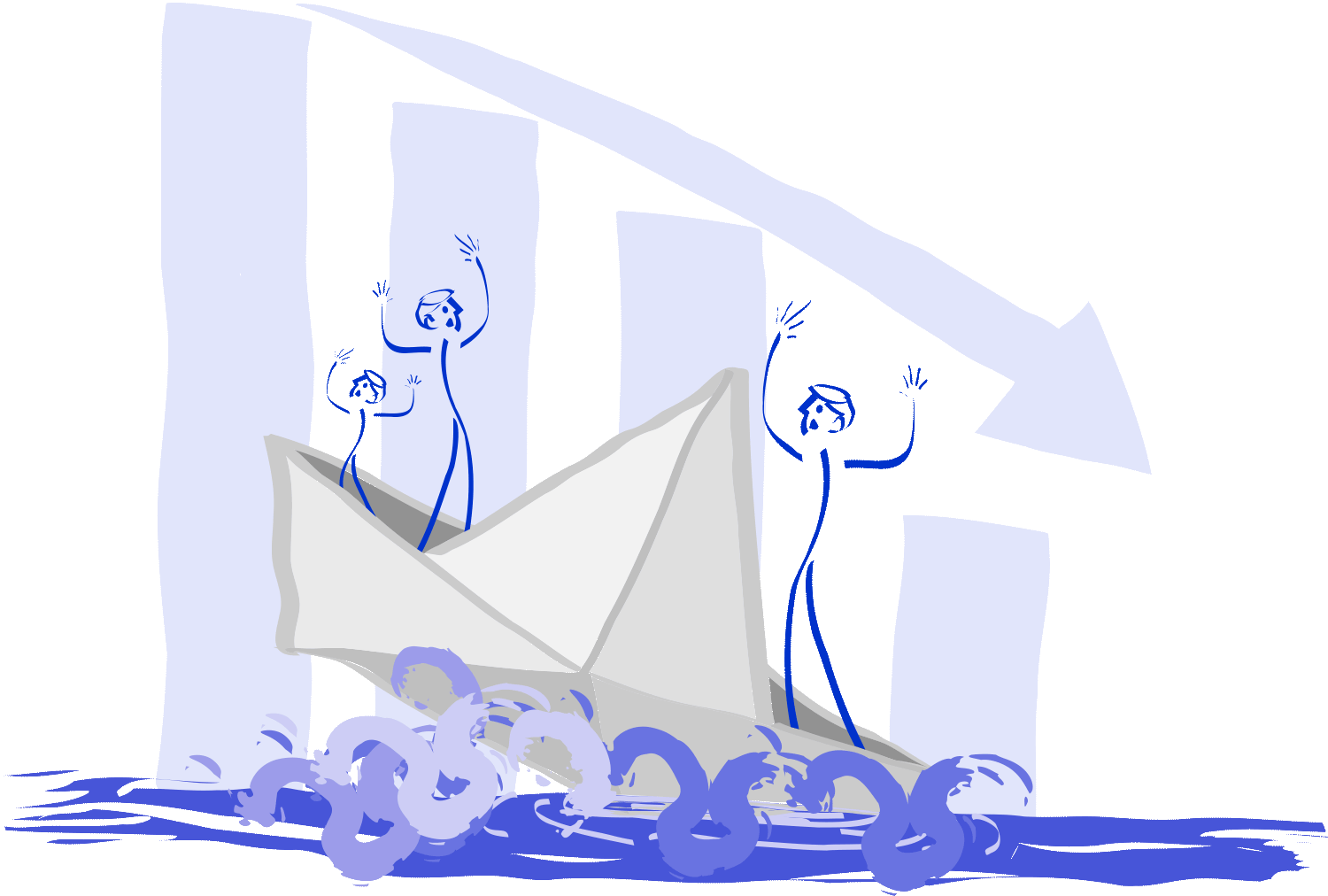 L'illustration dépeint le déclin d'une entreprise, symbolisée par un bateau en papier qui coule, tandis qu'une flèche en chute exponentielle à l'arrière-plan indique la baisse marquée. Illustration par Nêio Mustafa.