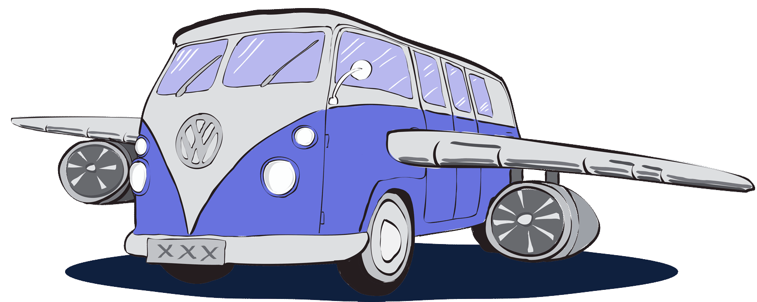 Inovação em movimento: ilustração de uma Kombi com asas de avião e turbinas, representando visualmente a busca pela inovação. Ilustração por Nêio Mustafa.