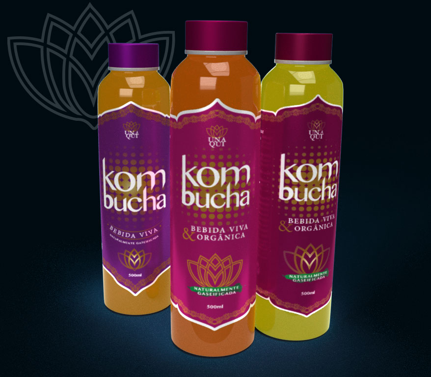 Imagem promocional da campanha 'Kombucha Unaqui' ilustrada por Nêio Mustafa, apresentando garrafas de kombucha em 3D com rótulos personalizados criados pelo ilustrador.